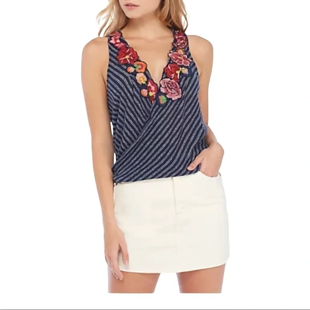 Free People Frida Stripe‎ Embroidered Tank Top XS